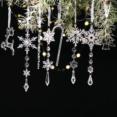 Set di Addobbi Natalizi in Acrilico Trasparente Con Renne Fiocchi di Neve Ghiaccioli e Caramelle per Albero di Natale
