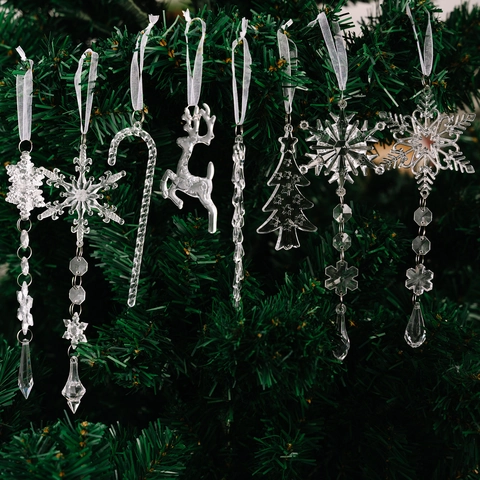 Set di Addobbi Natalizi in Acrilico Trasparente Con Renne Fiocchi di Neve Ghiaccioli e Caramelle per Albero di Natale
