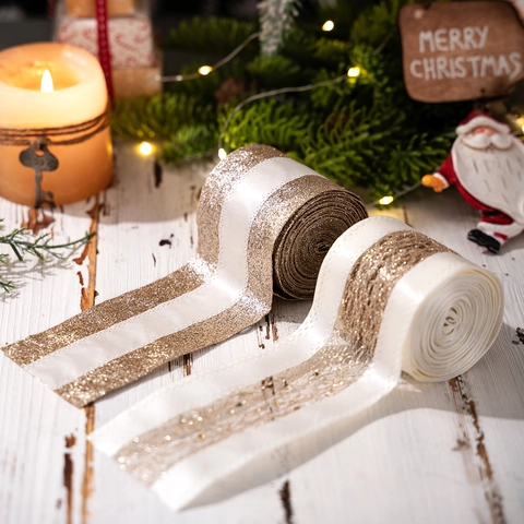 Christmas Glitter Wired Ribbon Gold White Sparkly Decorative Fabric For Christmas Tree Gift Wrapping Holiday Party DIY Crafts