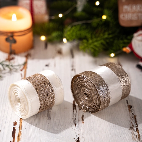 Christmas Glitter Wired Ribbon Gold White Sparkly Decorative Fabric For Christmas Tree Gift Wrapping Holiday Party DIY Crafts