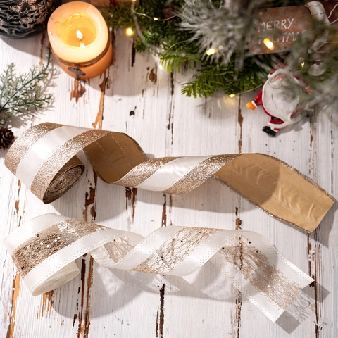 Nastro Decorativo Natalizio con Bordo Cablato Brillantini Oro Bianco a Strisce Tessuto Iuta Paillette per Albero Natale Regalo