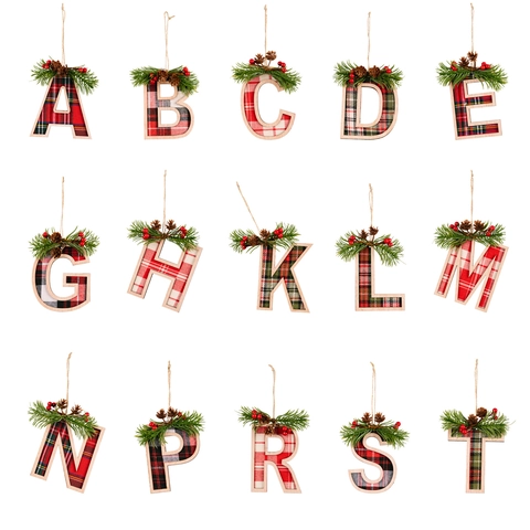 Weihnachten Holz Karomuster Buchstaben Anhänger Mit Zapfen Beeren Rustikal Weihnachtsbaum Alphabet Dekoration Zuhause Party Festival Dekor