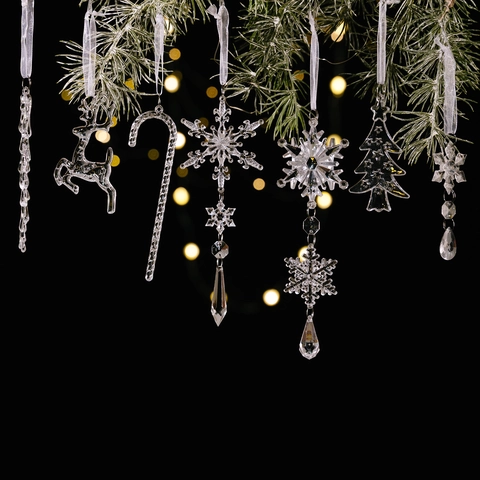 Addobbi Appesi Albero Di Natale Acrilico Trasparente Ghiacciolo Renna Fiocco Di Neve Per Decorazione Casa Festa