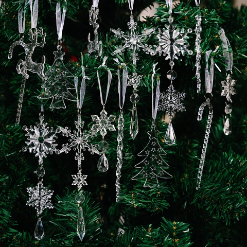 Set di 14 Pezzi di Addobbi Natalizi in Acrilico Trasparente Ciondoli a Forma di Fiocco di Neve Alce Ghiacciolo per Decorazioni Albero di Natale