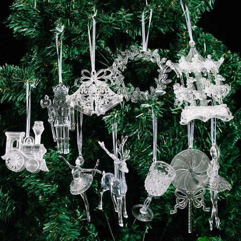 Set de Adornos Colgantes de Navidad de Acrílico Transparente Carrusel Cascanueces Reno Campana Tren Decoración Navideña