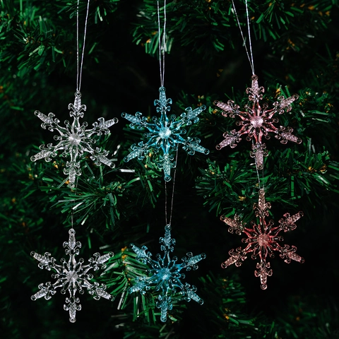 Set De Adornos De Copos De Nieve De Navidad De Acrílico Rosa Azul Transparente Cristales De Hielo Colgantes Para Árbol De Navidad