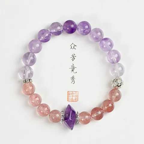Amethyst Strawberry Quartz Beaded Bracelet Hexagonal Crystal Column Stretch Jewelry Elegant Vintage For Women