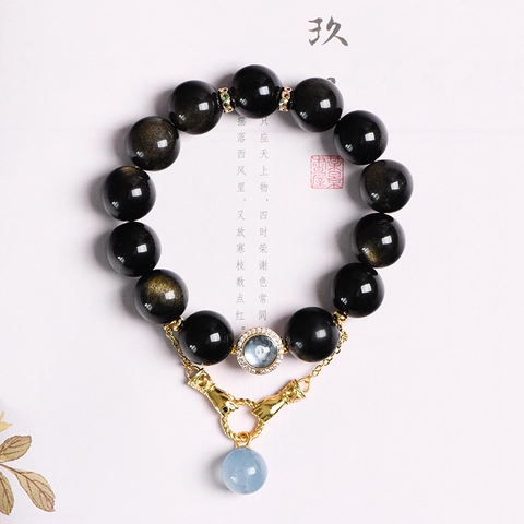 Natural Gold Sheen Obsidian Beaded Bracelet With Aquamarine Pendant Retro Hand Charm Gilded Alloy Unisex Jewelry Gift
