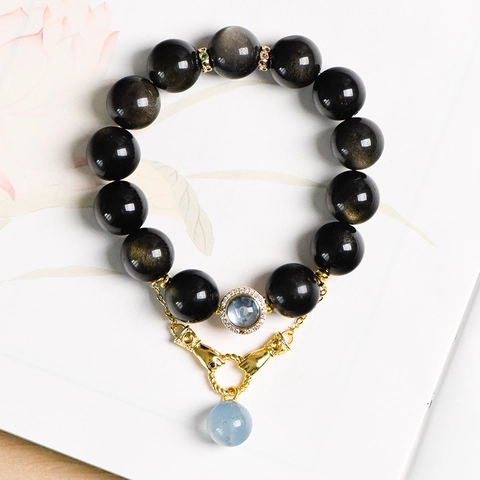 Natural Gold Sheen Obsidian Beaded Bracelet With Aquamarine Pendant Retro Hand Charm Gilded Alloy Unisex Jewelry Gift