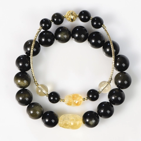 Natural Gold Sheen Obsidian Rutilated Quartz Pixiu Bracelet Round Bead Couple Good Luck Charm Jewelry Birthday Gift