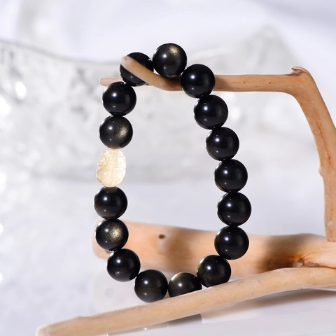 Natural Gold Sheen Obsidian Rutilated Quartz Pixiu Bracelet Round Bead Couple Good Luck Charm Jewelry Birthday Gift