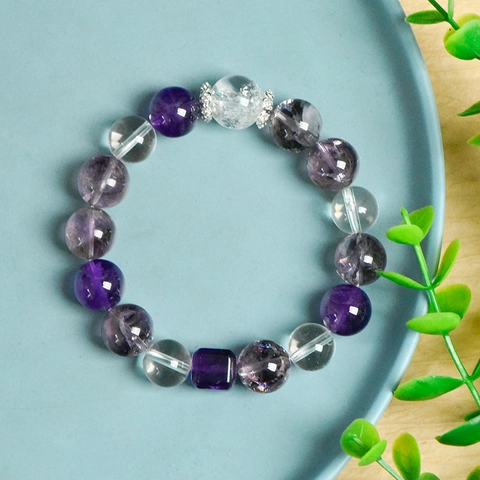 Bracelet en Perles d'Améthyste Naturelle et Cristal de Roche Vintage Géométrique Pierre de Guérison pour Homme Femme Bijoux Alliage