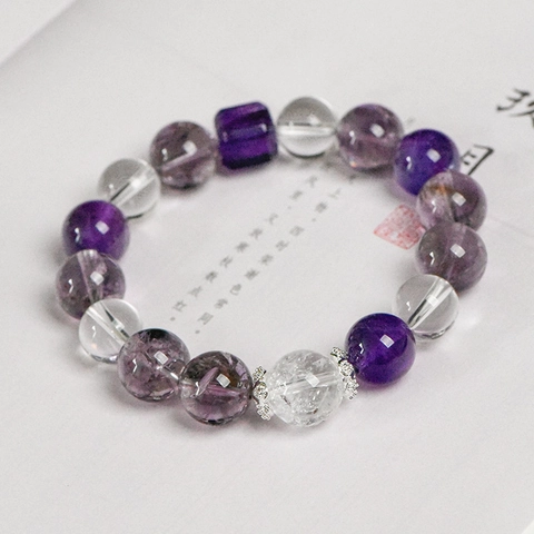 Bracelet en Perles d'Améthyste Naturelle et Cristal de Roche Vintage Géométrique Pierre de Guérison pour Homme Femme Bijoux Alliage