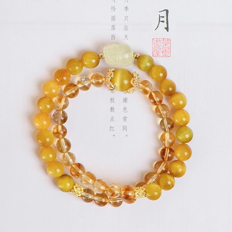 Natural Golden Tiger Eye Yellow Crystal Double Wrap Bracelet For Women With Pixiu Charm Lucky Wealth Hand-Woven Jewelry Gift