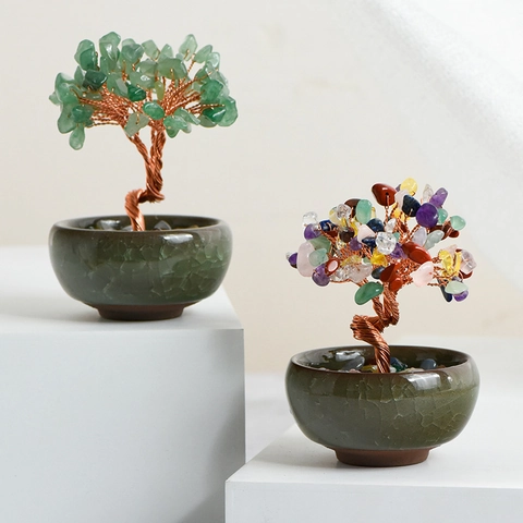 Árbol de Dinero de Cristal Natural Hecho a Mano Adorno de Feng Shui Alambre de Cobre Envuelto Árbol de Piedras Preciosas Cuenco de Cerámica Decoración de Oficina en Casa