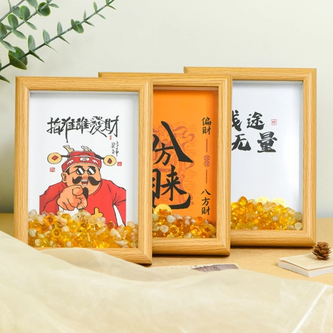 Marco de Fotos 3D de Madera Shadow Box Con Piedras de Cristal Natural Arte de Caligrafía China Para Decoración De Mesa Hogar