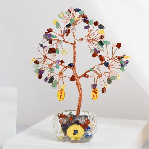 Handmade Crystal Money Tree Ornament Natural Gemstone Chips Copper Wire Wrapped Lucky Wealth Tree With Glass Bowl Base For Home Office Decor