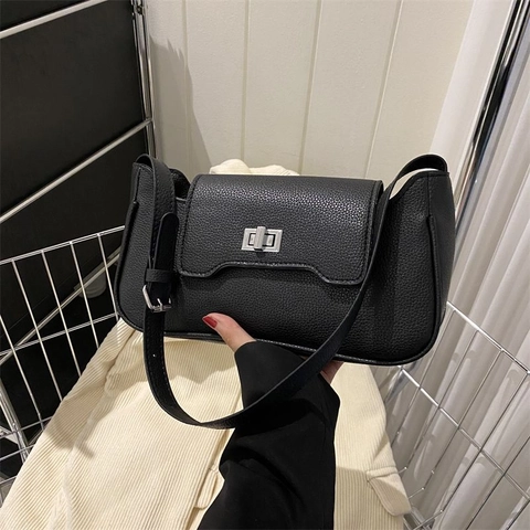 Women Litchi Grain PU Leather Shoulder Bag With Silver Metal Twist Lock Vintage Underarm Baguette Bag Adjustable Strap