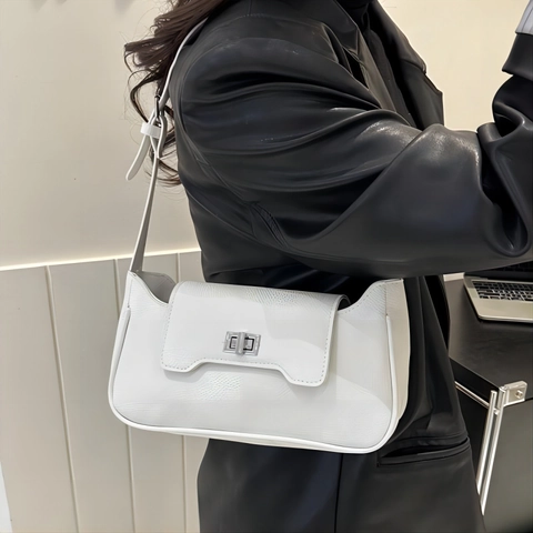 Women Litchi Grain PU Leather Shoulder Bag With Silver Metal Twist Lock Vintage Underarm Baguette Bag Adjustable Strap