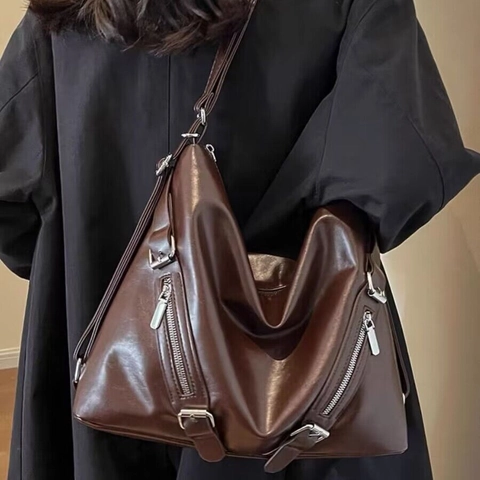 Zaino In Pelle PU Capiente Da Donna Moda Vintage Pendolare Borsa A Spalla Con Cerniera In Metallo E Spallacci Regolabili