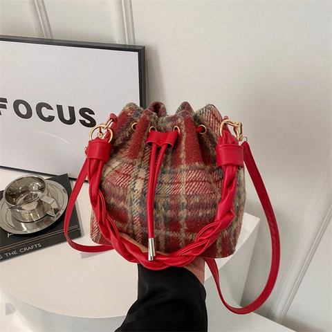 Borsa A Secchiello A Quadri In Lana Con Manico Intrecciato In Pelle PU Coulisse Retro Moda Borsa A Spalla Donna