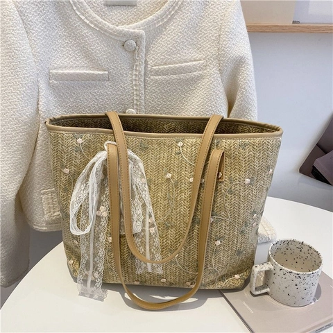 Women Straw Woven Tote Bag Floral Embroidery Lace Bow Summer Vacation Pastoral Style Shoulder Handbag