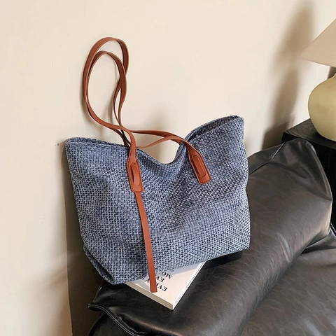Bolso Tote Tejido para Mujer Gran Capacidad Cuero PU Bolso de Hombro Color Sólido Minimalista Hobo Shopper para Oficina