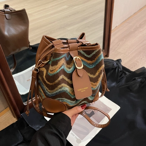 Boho Zickzackmuster Gestrickte PU Leder Bucket Bag Vintage Lässige Umhängetasche Damen Mode Kordelzug Schultertasche Beuteltasche
