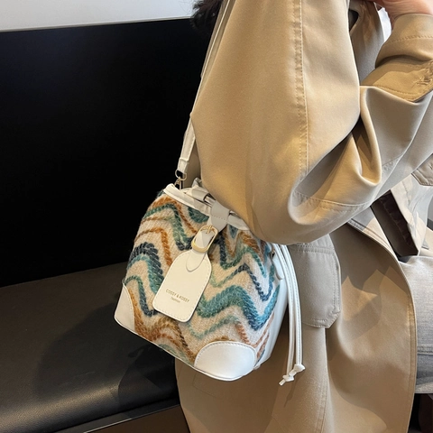 Boho Zickzackmuster Gestrickte PU Leder Bucket Bag Vintage Lässige Umhängetasche Damen Mode Kordelzug Schultertasche Beuteltasche