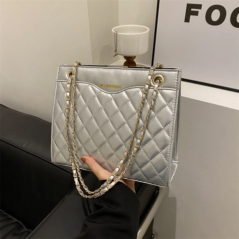 Women Quilted PU Leather Chain Shoulder Bag Rhombic Pattern Large Capacity Crossbody Bag Fashion Lady Elegant Handbag