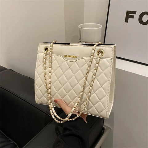 Women Quilted PU Leather Chain Shoulder Bag Rhombic Pattern Large Capacity Crossbody Bag Fashion Lady Elegant Handbag