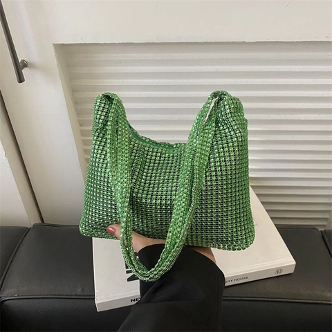 Women Rhinestone Mesh Tote Bag Glitter Evening Underarm Bag Luxury Fashion Sparkly Party Handbag For Wedding Banquet Ladies