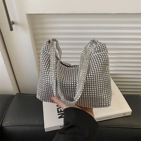 Women Rhinestone Mesh Tote Bag Glitter Evening Underarm Bag Luxury Fashion Sparkly Party Handbag For Wedding Banquet Ladies
