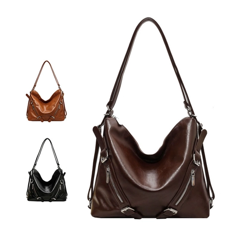 Damen Vintage PU Leder Rucksack Schultertasche Große Kapazität Multi Reißverschluss Pendler Hobo Stil