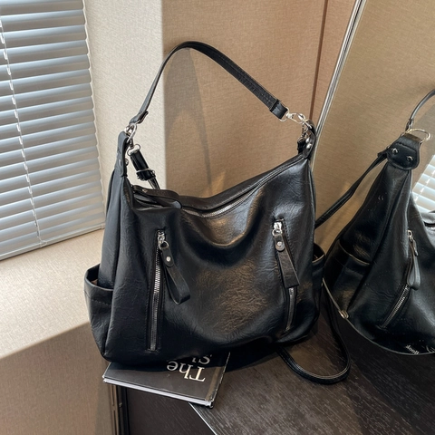 Damen Große Kapazität Tote Bag Weiches PU Leder Doppel Vorne Reißverschlusstaschen Casual Pendeln Mode Retro Hobo Bag