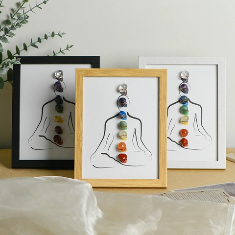 7 Chakra Natural Crystal Tumbled Stone Wooden Photo Frame Meditation Yoga Zen Style Desktop Decoration Healing Stones Gift