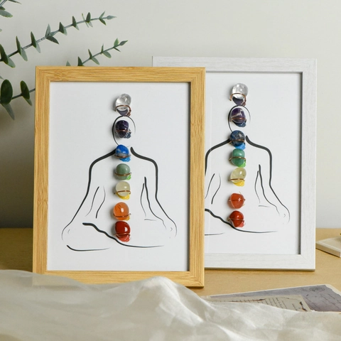 7 Chakra Natural Crystal Tumbled Stone Wooden Photo Frame Meditation Yoga Zen Style Desktop Decoration Healing Stones Gift