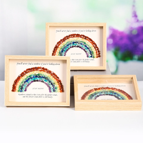 Rainbow Natural Stone Crystal Gravel Shadow Box Wood Frame Inspirational Quote Desktop Decor Aesthetic Healing Art Ornament Gift