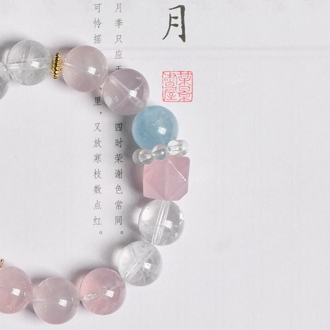 Bracelet Perles Quartz Rose Cristal De Roche Aigue Marine Pierres Rondes Bijoux Guérison Vintage Élégant Cadeau Femmes