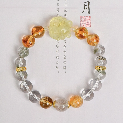 Bracciale Di Perline In Cristallo Bianco Naturale Citrino Quarzo Fantasma Verde Ciondolo Bestia Mitica Intagliata Stile Etnico Gioielli Donne