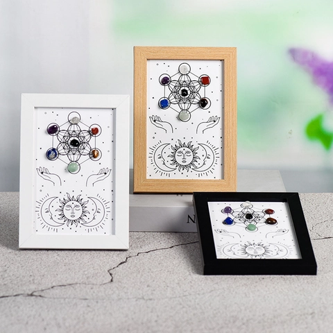 Metatron's Cube Sacred Geometry Crystal Photo Frame Healing Chakra Stone Wood Frame Sun Moon Bee Pattern Wall Home Decor