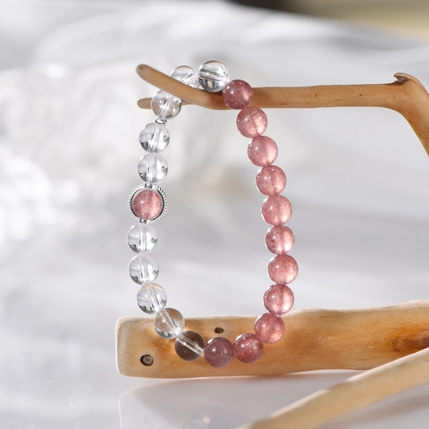 Bracciale Di Perline In Cristallo Di Rocca Naturale E Quarzo Fragola Per Donna Bracciale Elastico In Pietra Tonda Minimalista