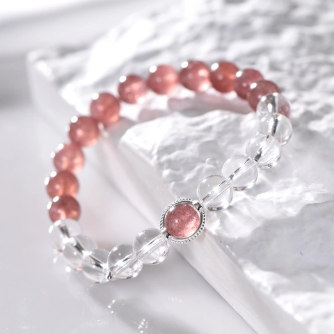 Bracciale Di Perline In Cristallo Di Rocca Naturale E Quarzo Fragola Per Donna Bracciale Elastico In Pietra Tonda Minimalista