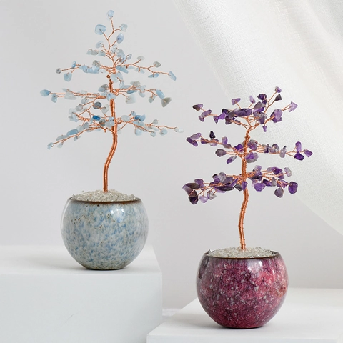 Árbol de Dinero de Cristal de Amatista y Cuarzo Rosa Natural Hecho a Mano Alambre de Cobre Bonsái de Piedras Curativas Con Base de Cerámica Decoración de Oficina en Casa