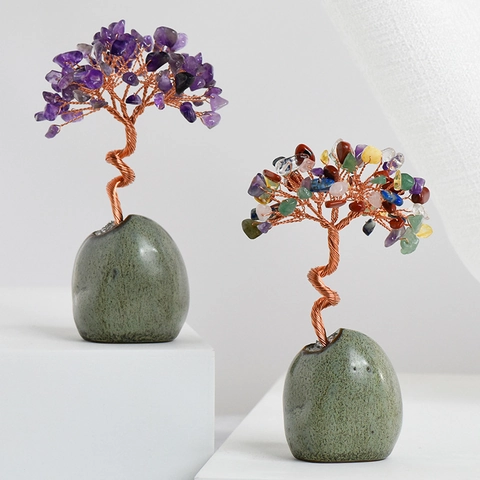 Árbol de Dinero de Cristal Natural Hecho a Mano Árbol de Piedras Preciosas Envuelto en Alambre de Cobre Con Base de Cerámica Decoración de Árbol de Suerte para Escritorio de Oficina en Casa