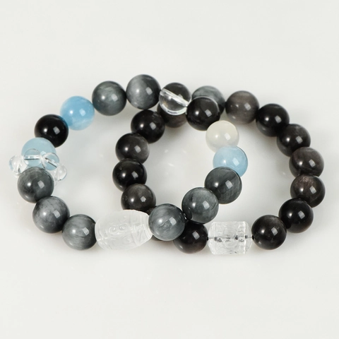 Natural Silver Sheen Obsidian Beaded Bracelet With Aquamarine Clear Quartz Carved Barrel Bead For Men Women Couple Jewelry