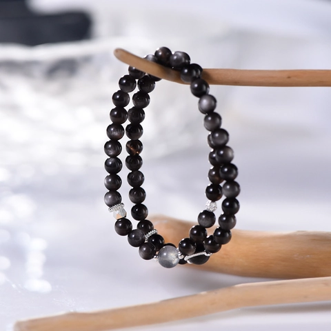 Bracciale A Doppio Giro In Ossidiana Argentata Naturale Con Perla Di Pietra Di Luna Grigia E Distanziatori In Lega Vintage Donna