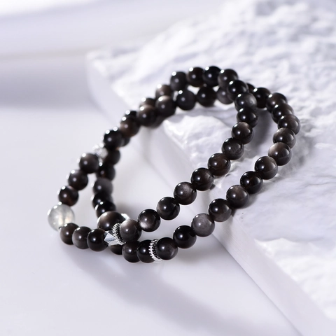 Bracciale A Doppio Giro In Ossidiana Argentata Naturale Con Perla Di Pietra Di Luna Grigia E Distanziatori In Lega Vintage Donna