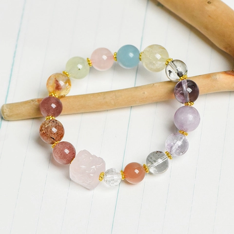 Multi Color Natural Gemstone Beaded Bracelet With Square Rose Quartz Strawberry Crystal Amethyst Gold Spacers Ethnic Style For Women