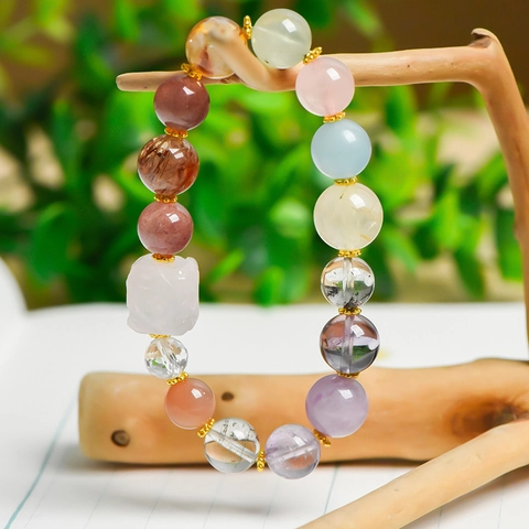 Multi Color Natural Gemstone Beaded Bracelet With Square Rose Quartz Strawberry Crystal Amethyst Gold Spacers Ethnic Style For Women